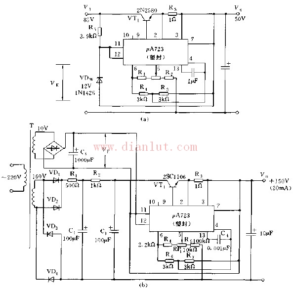 采用a723构成的浮动式可调稳压电源电路图