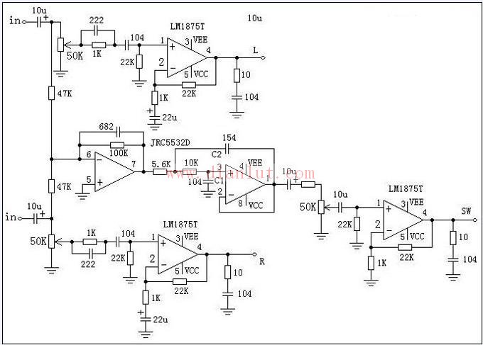 lm1875和jrc5532构成的2.1声道有源音箱功放电路