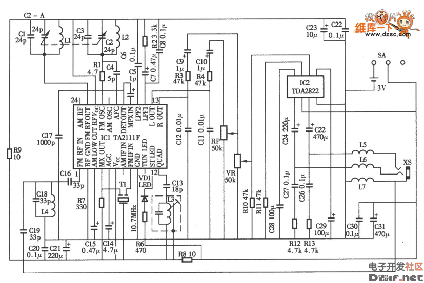 采用ta2111f袖珍调频立体声收音机电路图_原理图论坛