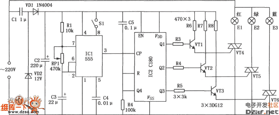循环彩灯控制电路图(555,c180)